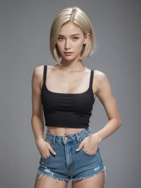 rompt
Android 18 from dragonballZ, 18 years old, blonde bob hair, touching lips, denim sleeveless jacket with black crop top, brown belt , Short denim skirt , pose for a picture , professional pose , light gray studio background, rimlight:1.2 , small and h...