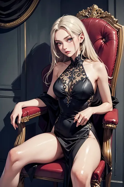 Girl sitting on a chair, back-facing chair, long beautiful legs, evening dress with long slit, shoulder straps open, long hair combed to one side.
thin watercolor, Hyperrealism, Filigree, aesthetically pleasing, high detail.