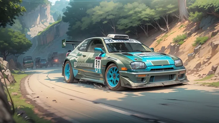 animeの作画、軽自動car、Right-hand drive、(Suzukiスペーシアギア）, Group B, Suzuki,rally car,Two-tone color of gunmetal and light blue、car、run on bad roads、Illustration by Akikaze Toriyama、manga、anime、carに寄り掛かる女の子