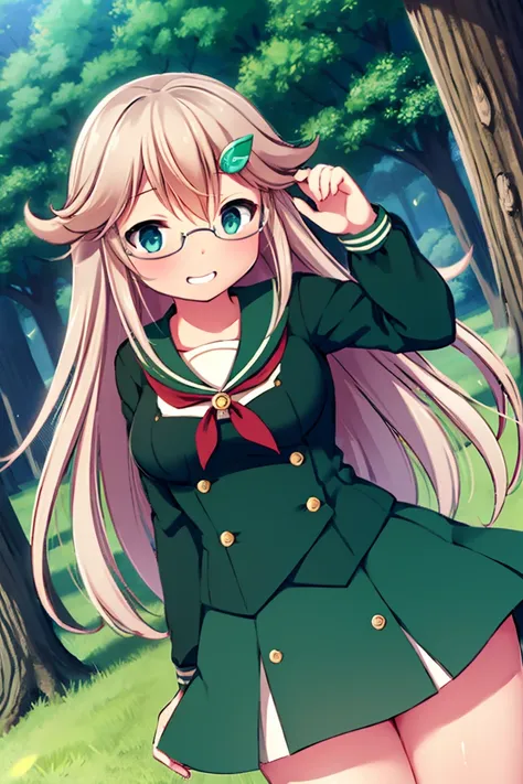 masterpiece, best quality, wakaba, 1girl, 1boy, blonde hair, green eyes, forest background, glasses, school outfit, smile, teeth