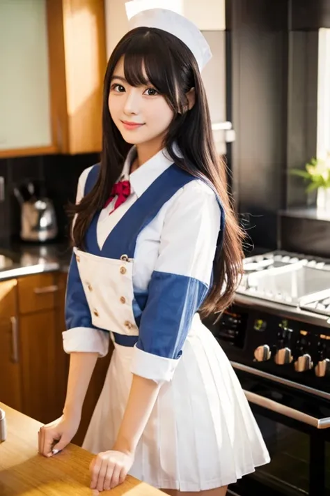 ３０A beautiful and sexy Japanese woman in her late teens is cosplaying in the uniform of a Japanese high school girl.、Image of standing in the kitchen and looking at this