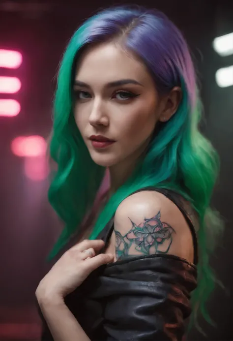 Image designer "cyberpunk & Realist". Futuristic image of an Asian woman with green hair Psylocke, X-Men, with energy purple blade, glowing from her fist. Embrace cyberpunk aesthetics with neon lights and bright tattoos, сохранение Realistичного представле...