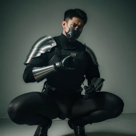 ((Best Quality, 8K, ultra-detailed, Masterpiece: 1.3)), 1boy, shiny skin, sharp, Perfect Body Beauty, realistic shaded perfect body,  handsome man ,("bodysuit, techwear,big bulge ":1.2),("leggins , armor":1.1),("glove, armor":1.1 ),(techwear)(dynamic pose:...