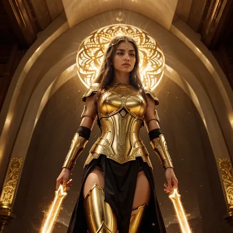 Crie uma imagem de uma deusa grega imponente e majestosa, dressed in golden armor exuding elegance and power. Your posture should exude confidence and serenity, irradiando uma aura de divindade. The radiant glow of golden armor should envelop her, destacan...