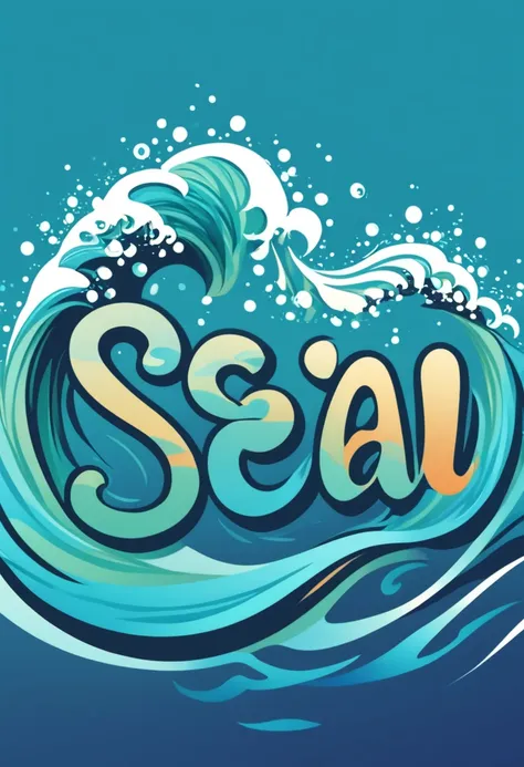 logo text sign that says the word "sea art", creative Font Design, typeface, spirit of water, Message card design, draw letters with water, wave, dynamic, rich colors, Gradation