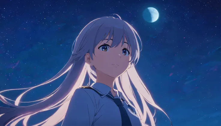 long hair，night，full moon，silver haired girl，uniform，slight smile，View photos taken