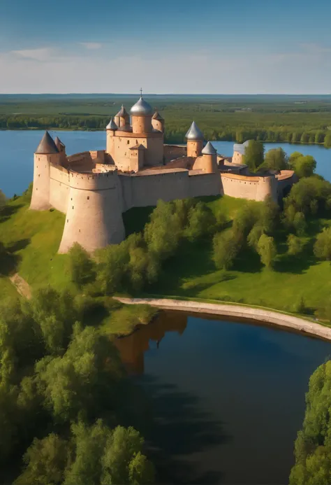 Medieval fortress in an epic setting, Highly detailed image, the majestic fortress of Veliky Novgorod against the backdrop of a calm river, realistic picture, clear blue sky, complex parts, UHD, 8K, rendering unreal 5