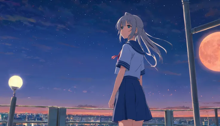 long hair，night，full moon，silver haired girl，uniform，slight smile，View photos taken