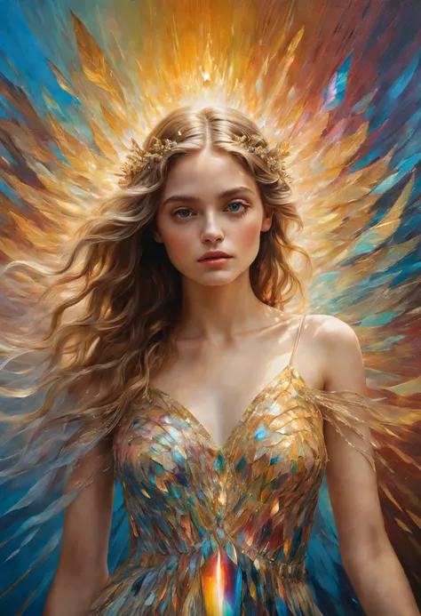 A breathtakingly detailed shot of an iridescent oil painting brings to life a divine girl, her ethereal aura radiant with divinity. With a face following the golden ratio and divine proportions, her countenance captivates with masterful brushwork. Her shor...