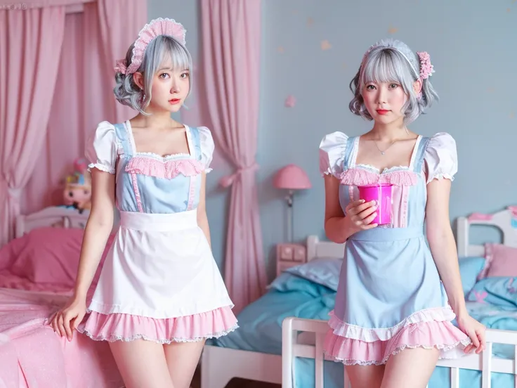 Young woman in maids outfit, Caucasian, silver hair color, pink clothes, light blue room, high quality picture.