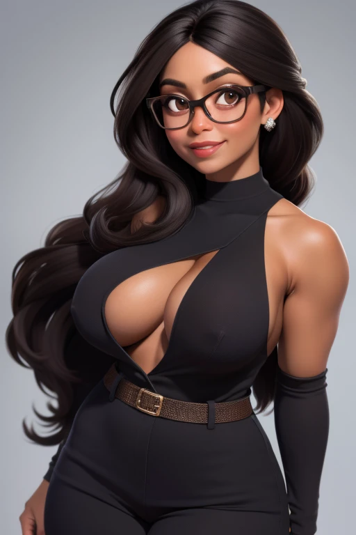 Obra-prima, de melhor qualidade, uma mulher  de pele parda, cabelo cacheado preto e curto, brown glasses and eyes. nua, sem roupa