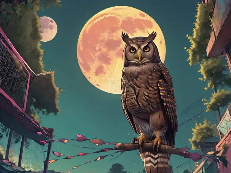 colorful owl in a tree, full moon, moonlight, masterpiece, colorful, splash, color, energetic, amazing, cartoonish style