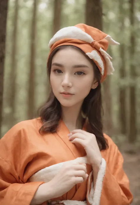 Cute cat-eared girl，orange kimono，Samue shorts，carrying a skull on your back，in the forest，short bob，wearing a white newsboy cap，nail palladium（Teiha）Have