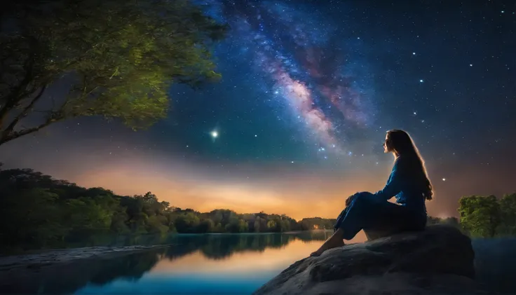 girl sitting with long hair starry sky night building milky way tree