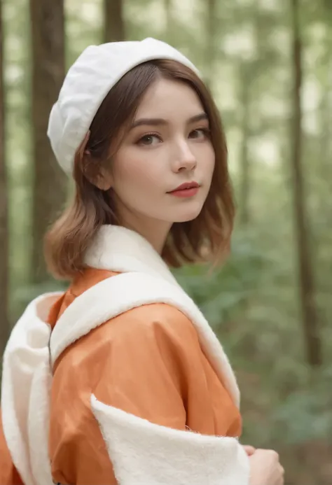 Cute cat-eared girl，orange kimono，Samue shorts，Carrying a backpack on your back，in the forest，short bob，wearing a white newsboy cap