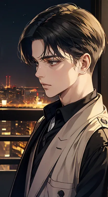 ((4K works))、​masterpiece、（top-quality)、((high-level image quality))、((One Manly Boy))、Slim body、((black suit))、((Mens Fashion))、(Detailed beautiful eyes)、town in the morning、Levi Ackerman、Attack on Titan、((short hair above the ears))、((Smaller face))、((Ne...