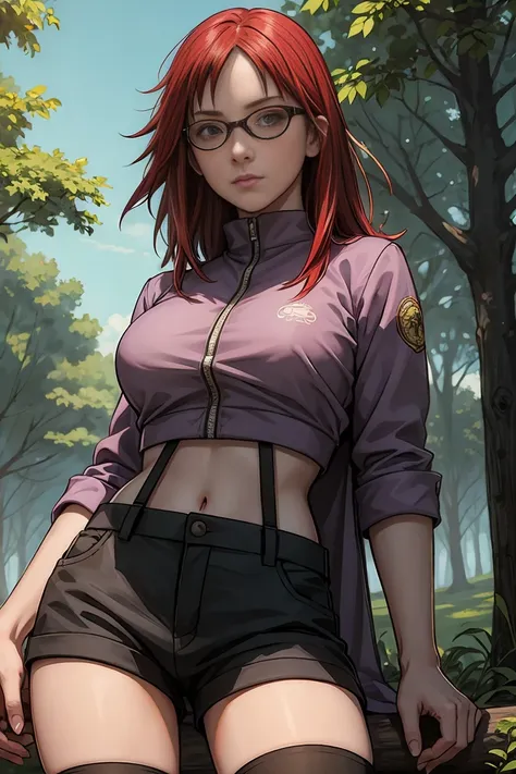 on grass, (best quality, masterpiece:1.2), photorealistic, thick outlines, strong shadows, 1 girl, full body, mid size breast, happy,  forest, clearing, giant trees, blue sky, clouds long red spiky hair, red eyes, glasses, violett jacket, crop top, tummy s...