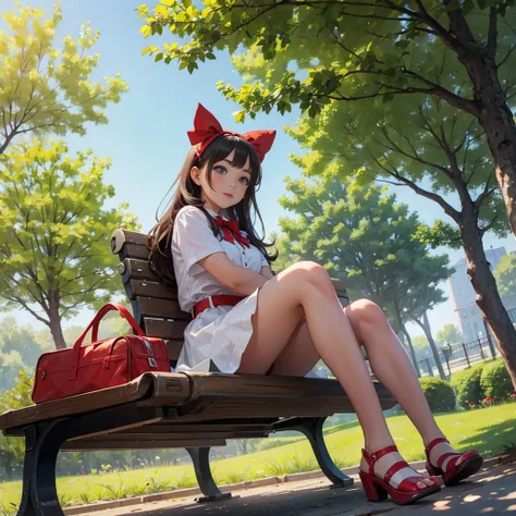 beautiful girl, with a red bow, sitting on a bench in the park, Worms Eye View