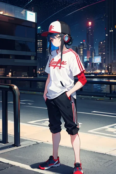 1 girl，Backshadow，trainer，baseball cap，night city，Put your hands in your pockets，whole body， Are standing，wearing headphones