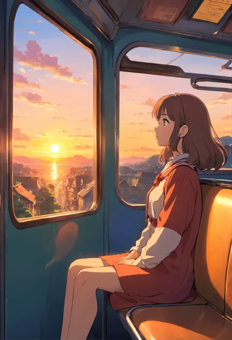 Woman sitting on a bus and looking outside while watching the sunset