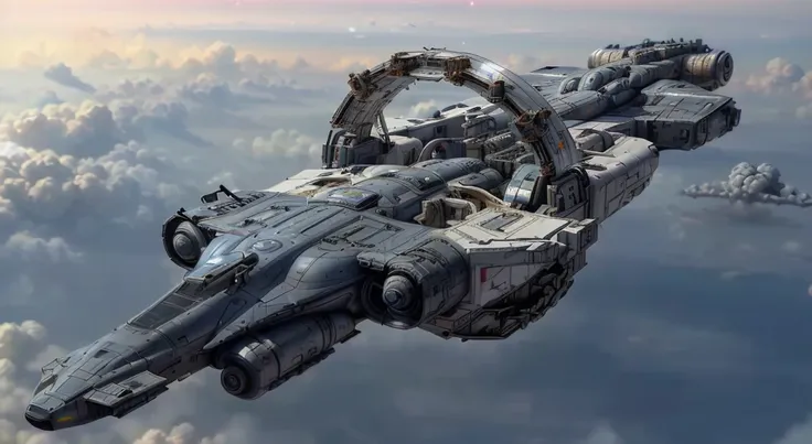 spaceship flies in the sky against the background of clouds, scifi spaceship, flying scifi vehicle, spaceship from the movie dun...