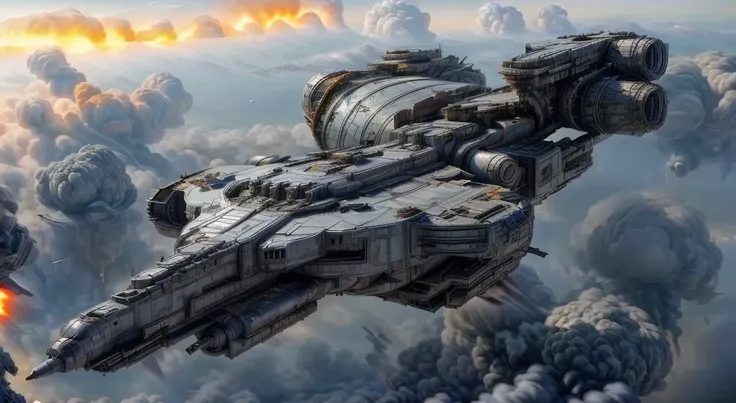 spaceship flies in the sky against the background of clouds, scifi spaceship, flying scifi vehicle, spaceship from the movie dun...