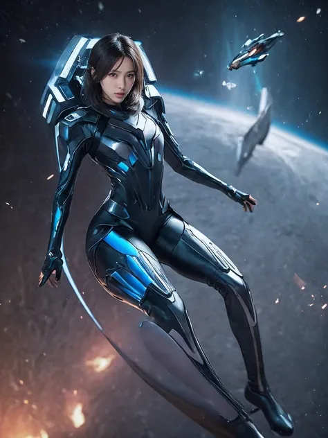 highest quality、masterpiece、ultra high resolution、(realistic:1.4)、Beautiful woman、Take a full body photo、beautiful eyes and skin details、smile、coppery bob cut、blue and gold spacesuit costume、White earrings、outer space、Planetary collision、A space battleship...