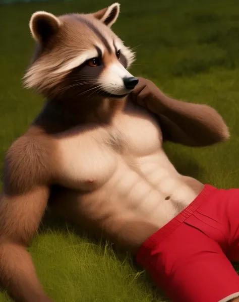 火箭raccoon,raccoon,male,adult,alone,4K,best quality,Best quality,lie down,lying down,looking at the audience,hairy body,Topless,No clothes on,bared  chest,Hairy chest,furry tail,Slim figure,slim body,Pink nipples, Six-pack abs, anatomically correct,Delicate...