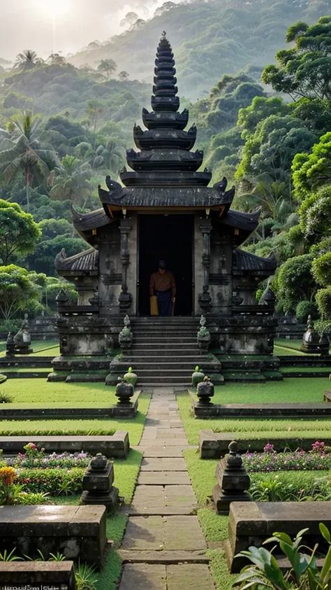 a Bedugul-Bali botanical garden, various plants, green grasslands, foggy weather with the sun shining brightly in the afternoon,at Ulun Danu Beratan Temple, Bedugul