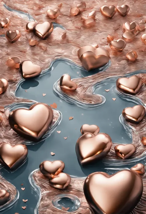 Flood of large rose gold colored metallic hearts in a river of silver water