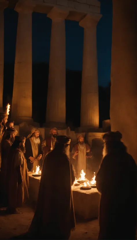 Picture a historical reenactment of Kamos paganism, with a group of individuals dressed as ancient Israelites participating in a ceremonial offering to the deity. The scene is set against the magnificent backdrop of an old temple ruins, with the soft glow ...