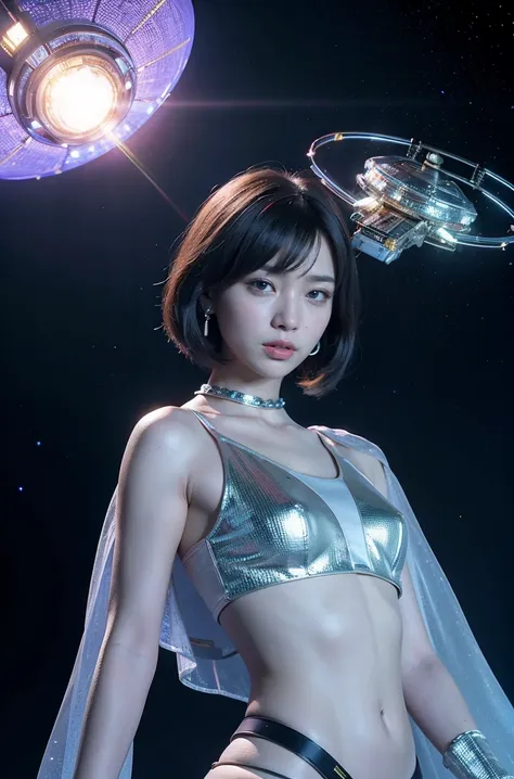 (RAW photo, highest quality), (realistic, Photoreal:1.3), 1 girl, bob cut、earrings、luminous headband、realisticbody,princess of space、Mode、Pyramid-shaped spacecraft flying from space、laser lights、