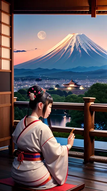 woman playing the koto,Women of the Edo period,full moon night,The moon and Mt. Fuji are in the background、I can see the castle,Japan,lonely face,war,samurai&#39;s wife,