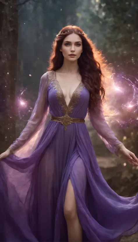 A young beautiful woman, goddess of magic, long purple hair, perfect body, perfect round breast, soft and attractive, wearing ancient styled purple peplos dress, standing and starring, mysterious magic particles around her, high resolution, fantasy photo, ...