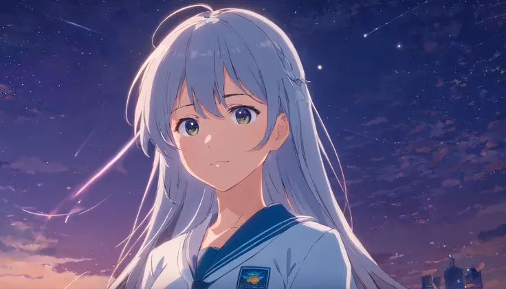 long hair，night，full moon，silver haired girl，uniform，slight smile，View photos taken