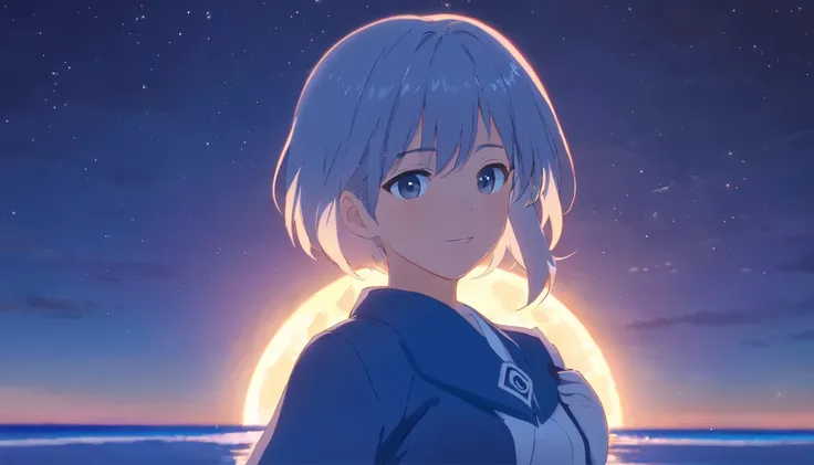 long hair，night，full moon，silver haired girl，uniform，slight smile，View photos taken