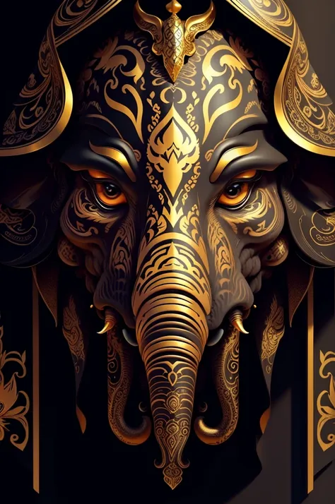 Elephant, extremely detailed and intrincate design, coat of arms. Colorful line art, fractal like, tattoo like design on the elephant. Golden and many colours. Some gold wodden lotus around. Black background.