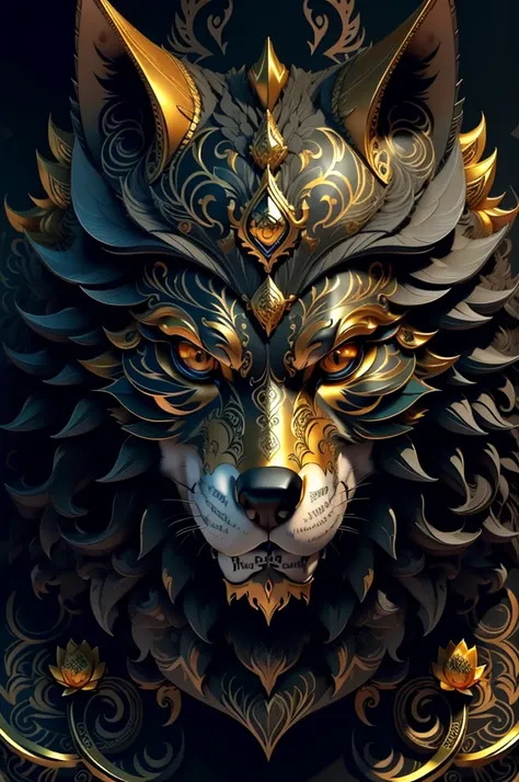 wolf, extremely detailed and intrincate design, coat of arms. Colorful line art, fractal like, tattoo like design on the wolf. Golden and many colours. Some gold wodden lotus around. Black background.