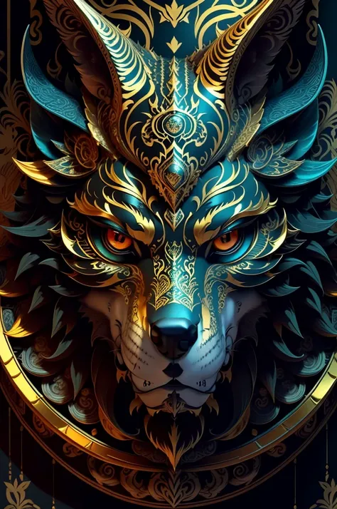 wolf, extremely detailed and intrincate design, coat of arms. colorful line art, fractal like, tattoo like design on the wolf. g...