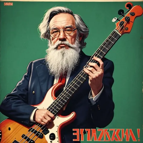 I want a Soviet era poster style drawing of Carl Marx the politician playing a 4 string electric bass
