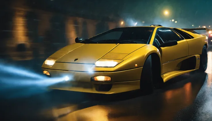 Lamborghini diablo sv drifting chase, action shot, high speed, night life, heavy rain, lens flare, intricate, elegant, highly detailed, realistic, concept art, matte, sharp focus, hearthstone