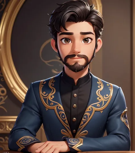 (masterpiece, best quality, ultra detailed), (high detail, hyper detailed), Handsome 15 year old boy, happy, black hair, ((short beard)), dark brown black eyes, dark blue Disney prince suit, detailed face, clear focus (clutter - house: 0.8), (masterpiece: ...