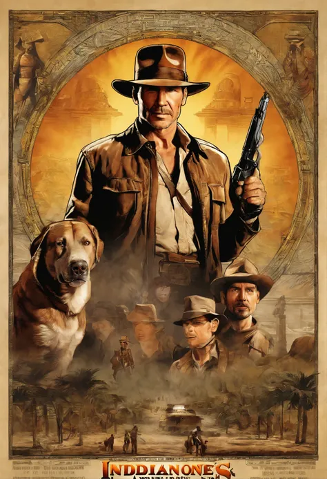 Indiana jones (Harrison Ford) with Indiana Jones (Salma Hayek) with a grey Pitbull ,high quality.