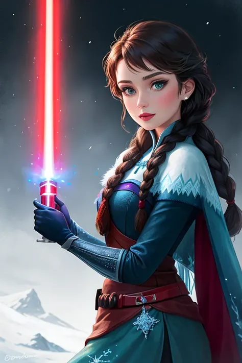 Disney princess from Frozen dressed in Sith clothes and holding a red lightsaber in her hands