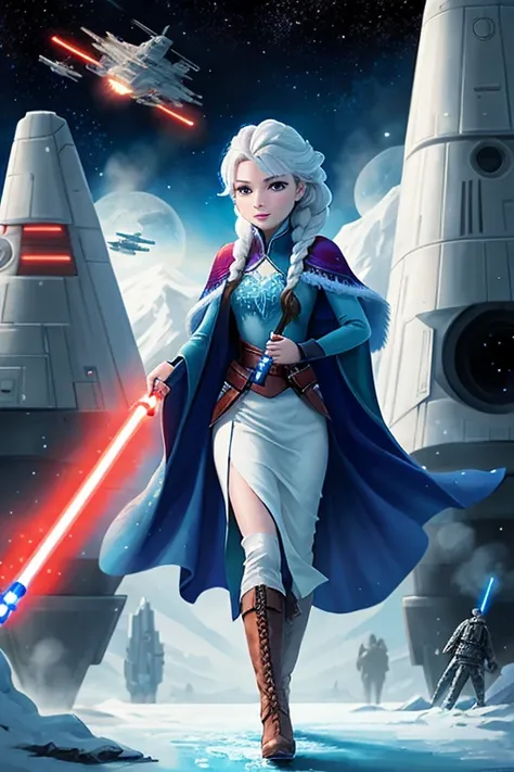 Disney princess from Frozen dressed in Sith clothes and holding a red Star Wars style lightsaber in her hands, with war spaceships in the background