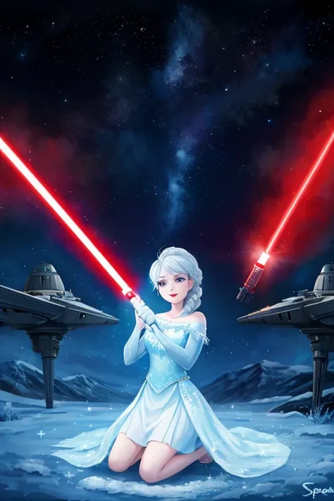 Disney princess from Frozen dressed in Sith clothes and holding a red Star Wars style lightsaber in her hands, with war spaceships in the background