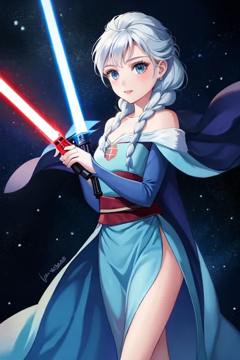 Disney princess from Frozen dressed in Sith clothes and holding a red Star Wars style lightsaber in her hands, with war spaceships in the background