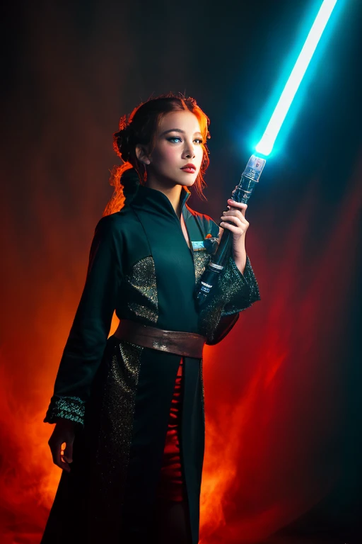 Disney princess from Frozen dressed in Sith clothes and holding a red Star Wars style lightsaber in her hands, with war spaceships in the background