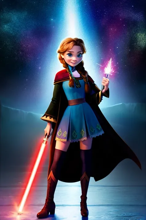 Disney princess from Frozen dressed in Sith clothes and holding a red Star Wars style lightsaber in her hands, with war spaceships in the background