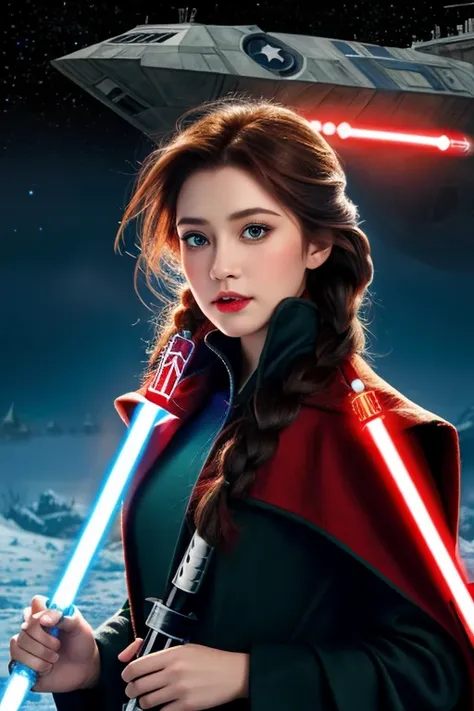 Disney princess from Frozen dressed in Sith clothes and holding a red Star Wars style lightsaber in her hands, with war spaceships in the background